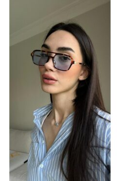 funeyes Simon Leopar Desenli Mavi Camlı Gold Metal Saplı Güneş Gözlüğü Popüler Model