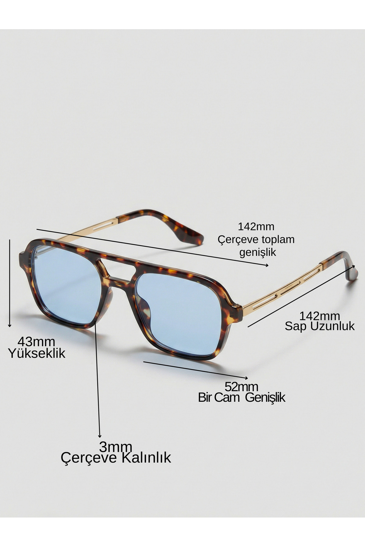 funeyes Simon Leopar Desenli Mavi Camlı Gold Metal Saplı Güneş Gözlüğü Popüler Model - Görsel 2