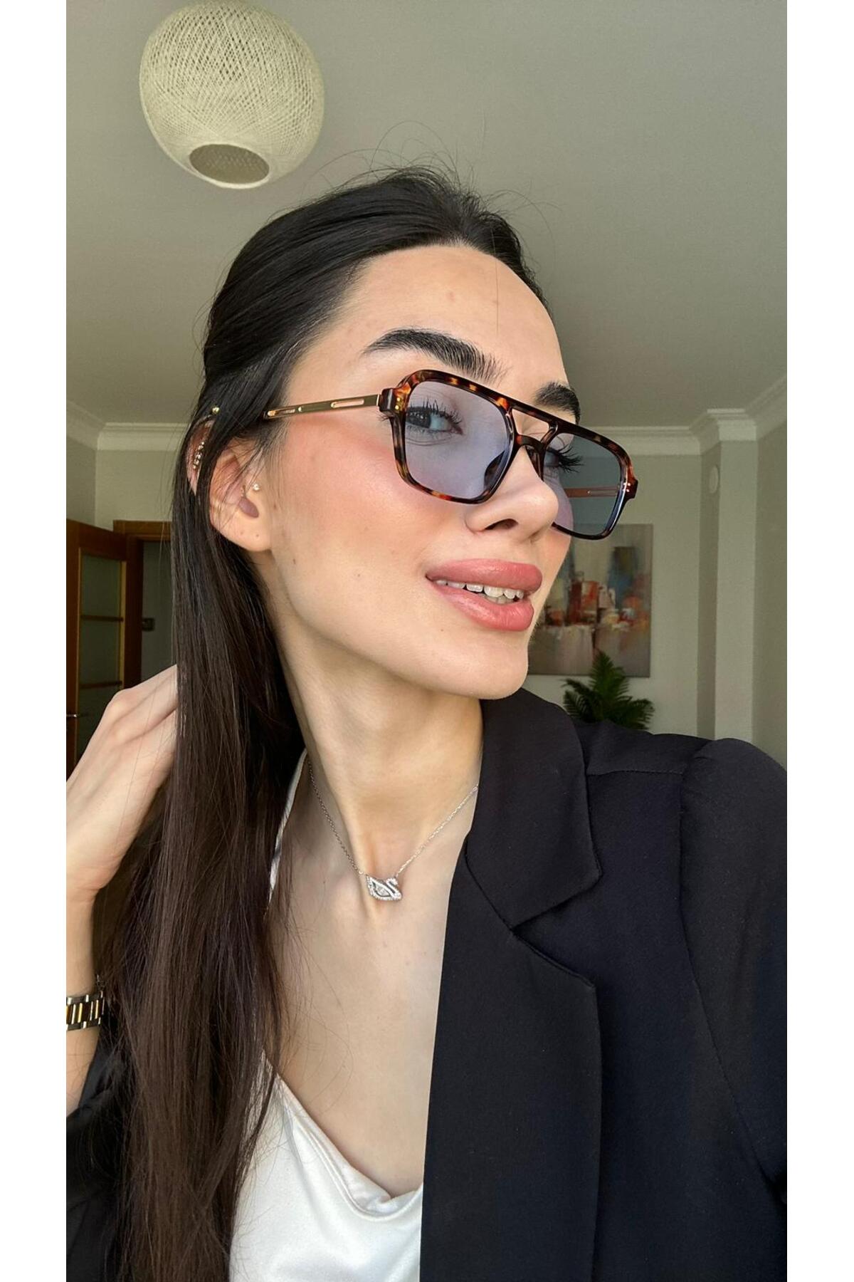 funeyes Simon Leopar Desenli Mavi Camlı Gold Metal Saplı Güneş Gözlüğü Popüler Model - Görsel 3