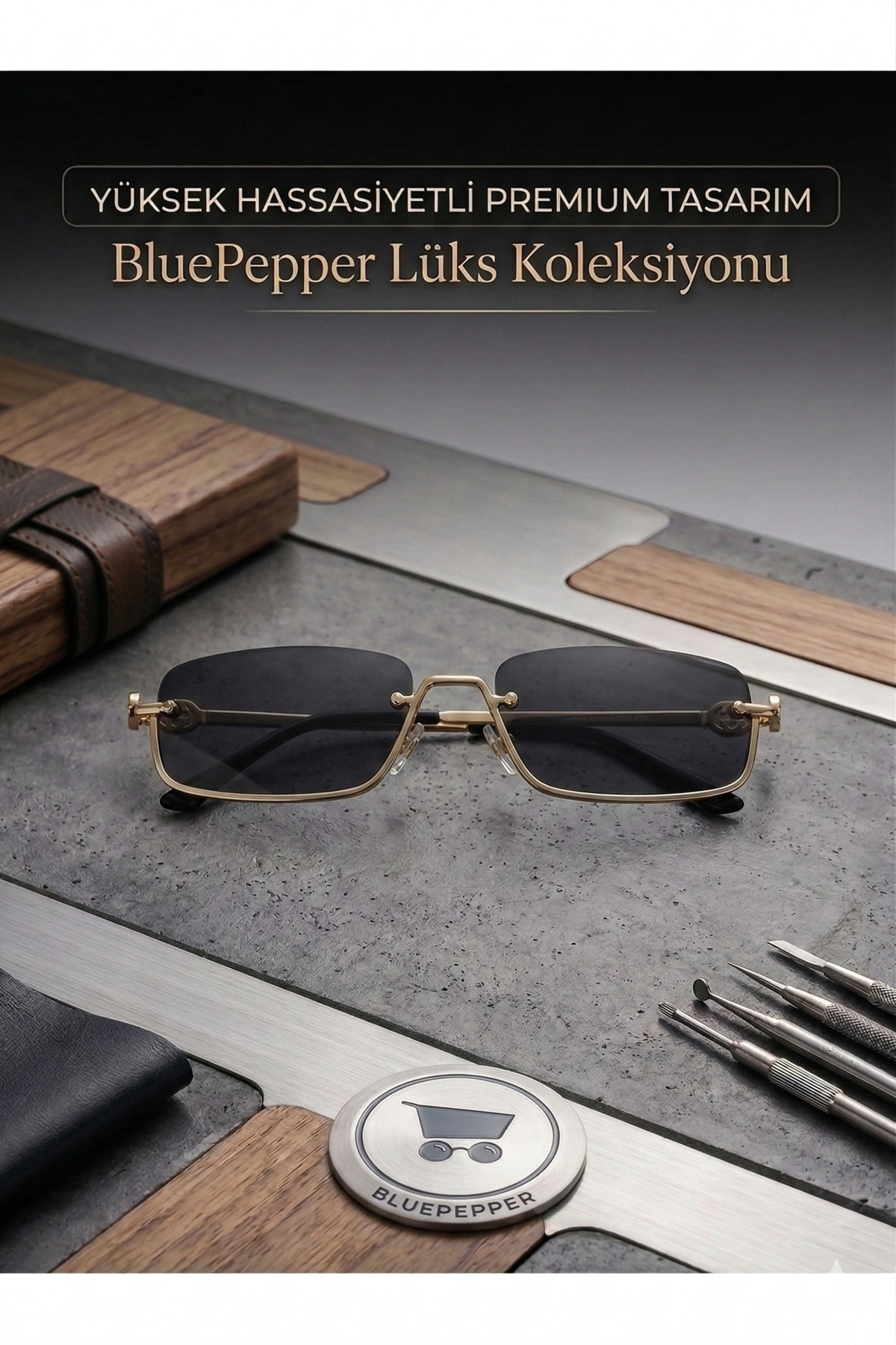 BluePepper MANNY | Dikdörtgen Çerçeve Lüks Güneş Gözlüğü Çerçevesiz Tasarım Gözlük - Görsel 2