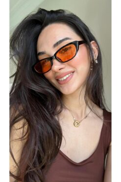 funeyes Aventino Siyah Çerçeve Turuncu Camlı Çekik Cat Eye Minik Çekik Trend Güneş Gözlüğü