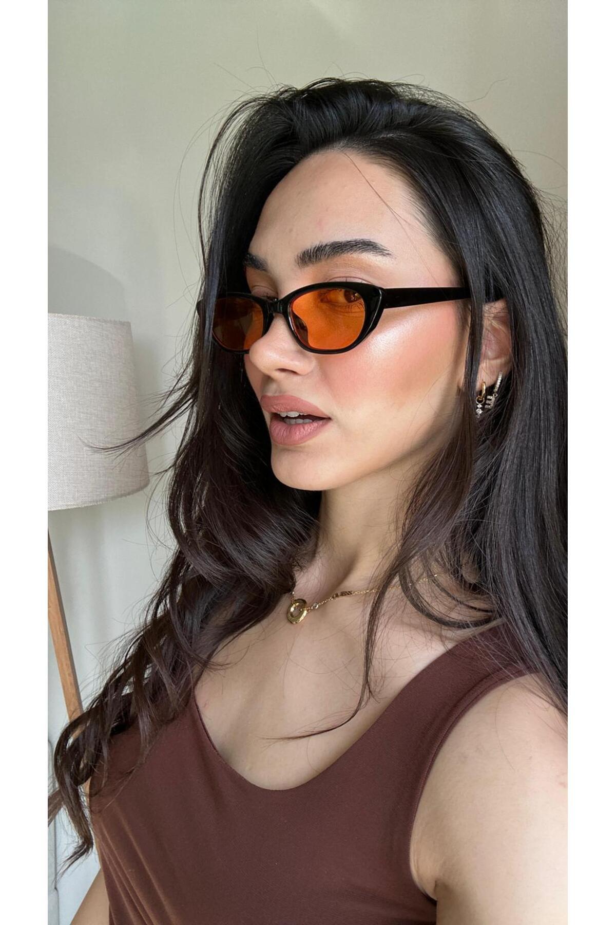 funeyes Aventino Siyah Çerçeve Turuncu Camlı Çekik Cat Eye Minik Çekik Trend Güneş Gözlüğü - Görsel 2