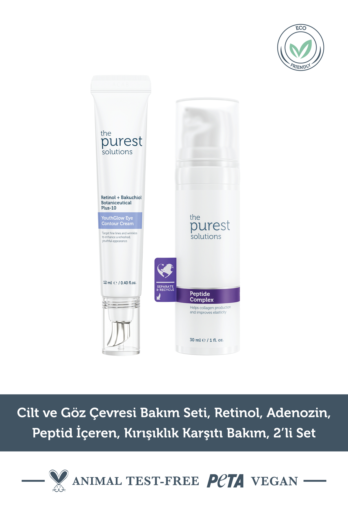 The Purest Solutions Cilt ve Göz Çevresi Bakım Seti, Retinol, Adenozin, Peptid İçeren, Kırışıklık Karşıtı Bakım, 2’li Set