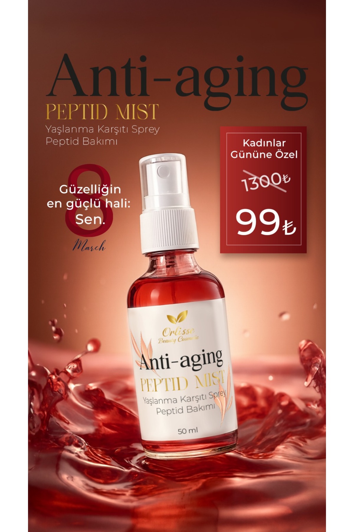 Orlisse AHA Peptide Anti Aging Sprey – Glikolik Asit İçeren Cilt Yenileyici Lifting Yüz Spreyi