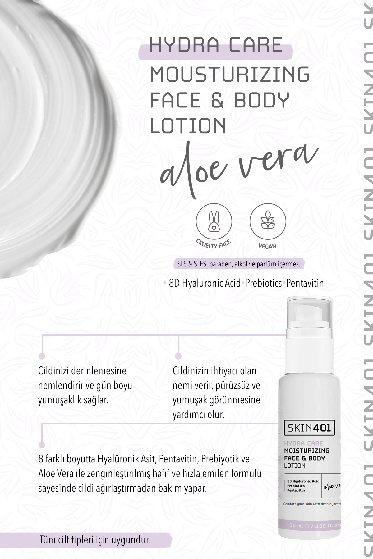 Skin401 Gün Boyu Yoğun Nemlendirme Sağlayan Yüz ve Vücut Losyonu 100ml (8D Hyalüronik Asit ve Prebiyotikler) - Görsel 2