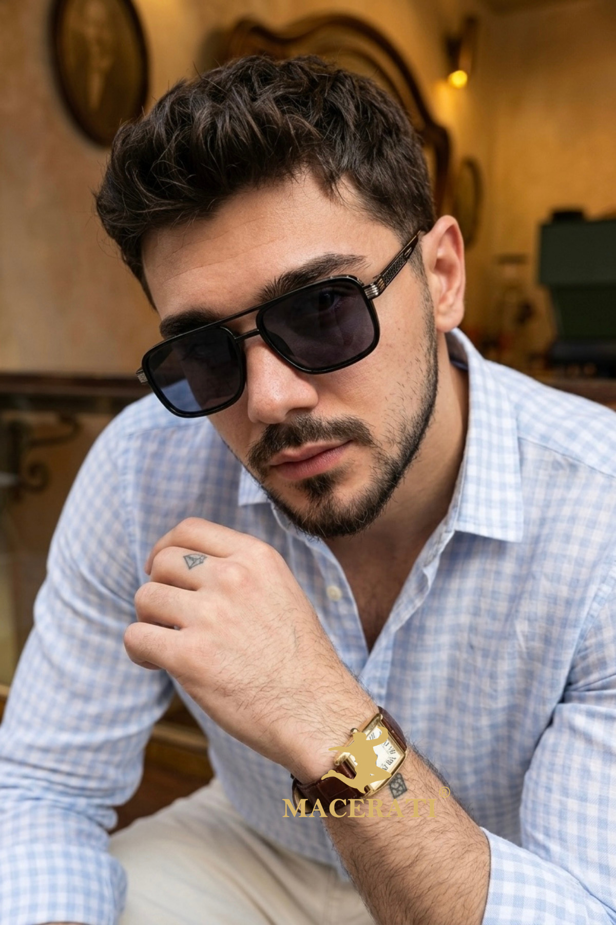 MACERATİ Vesa Unisex Kare Siyah Gümüş Aksesuarlı Ultra Hafif Uv400 Filtreli Siyah Güneş Gözlüğü