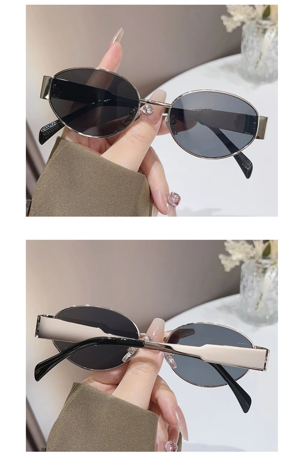 LOOKUP NEW Unisex Kadın Erkek Uv400 Korumalı Oval Gümüş Siyah NyIon Cam Metal Güneş Gözlüğü - Görsel 3