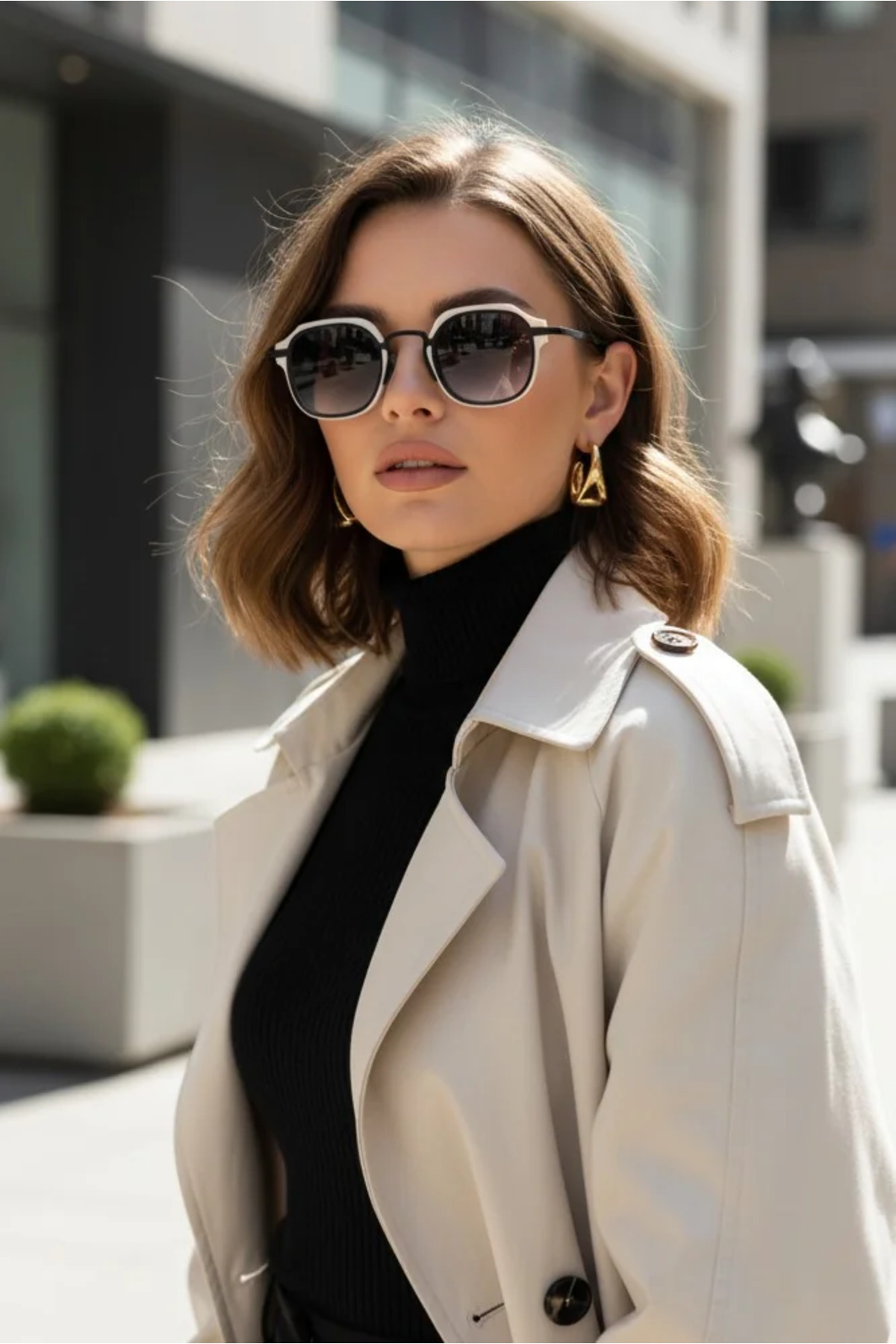 Kapin Optiwar Dikdörtgen Tasarım Güneş Gözlüğü - Krem Siyah