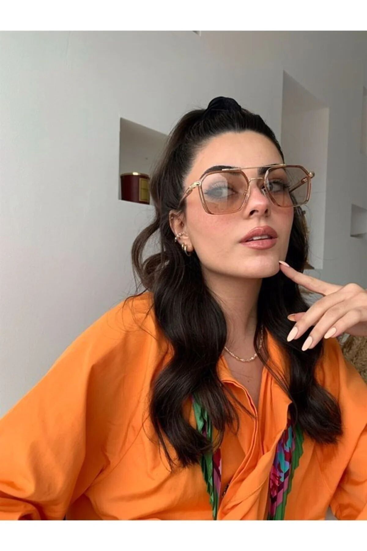 LOOKUP NEW Unisex Kadın Erkek Uv400 Korumalı Bal Rengi Nude Gold Kare Dikdörtgen Yeni Sezon Güneş Gözlüğü - Görsel 2