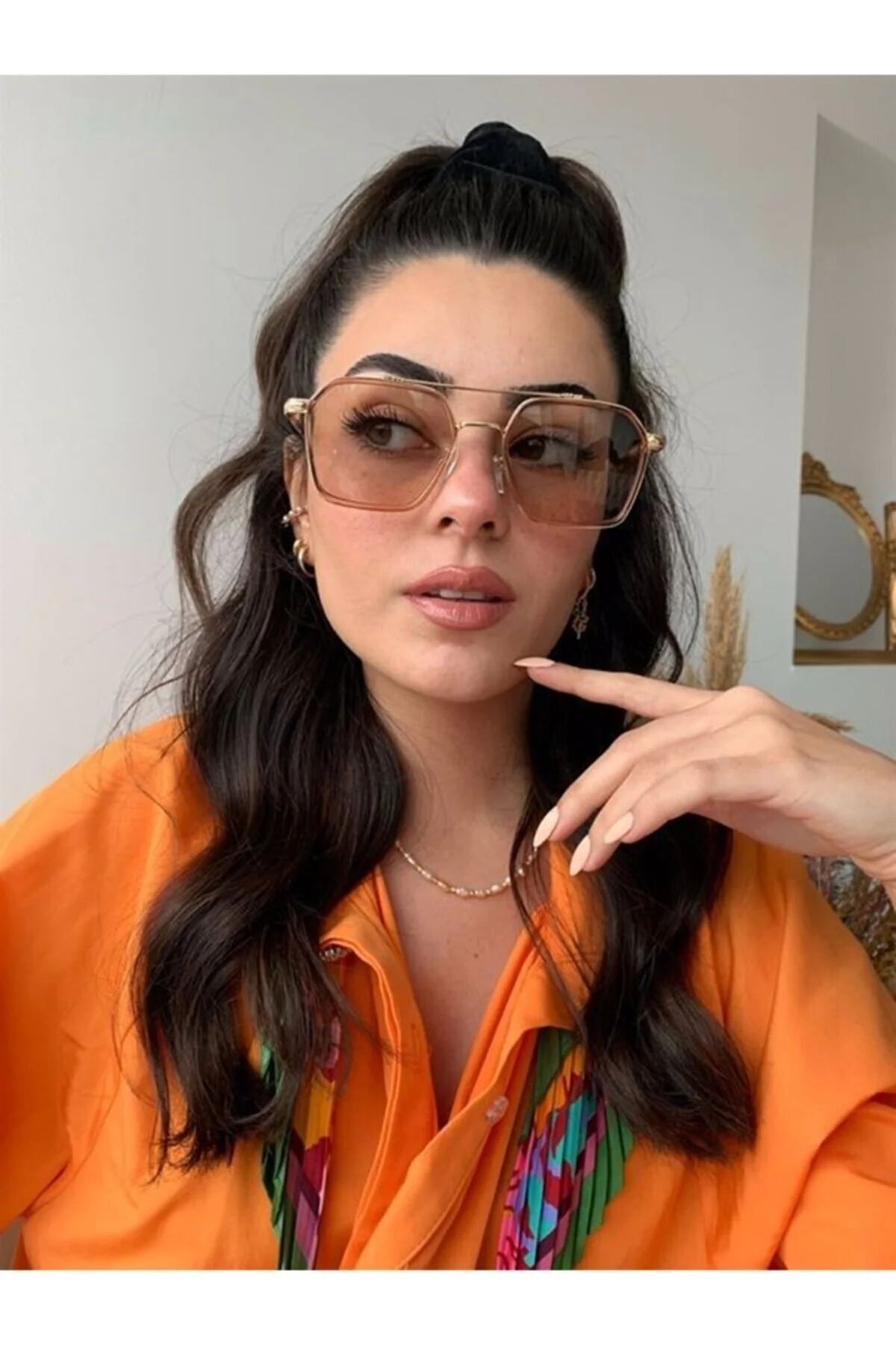 LOOKUP NEW Unisex Kadın Erkek Uv400 Korumalı Bal Rengi Nude Gold Kare Dikdörtgen Yeni Sezon Güneş Gözlüğü - Görsel 3