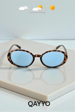 QAYYO Accessories Ovelle Kadın Leopar Çerçeve Mavi Cam Oval Güneş Gözlüğü Aksesuar Detaylı Uv400