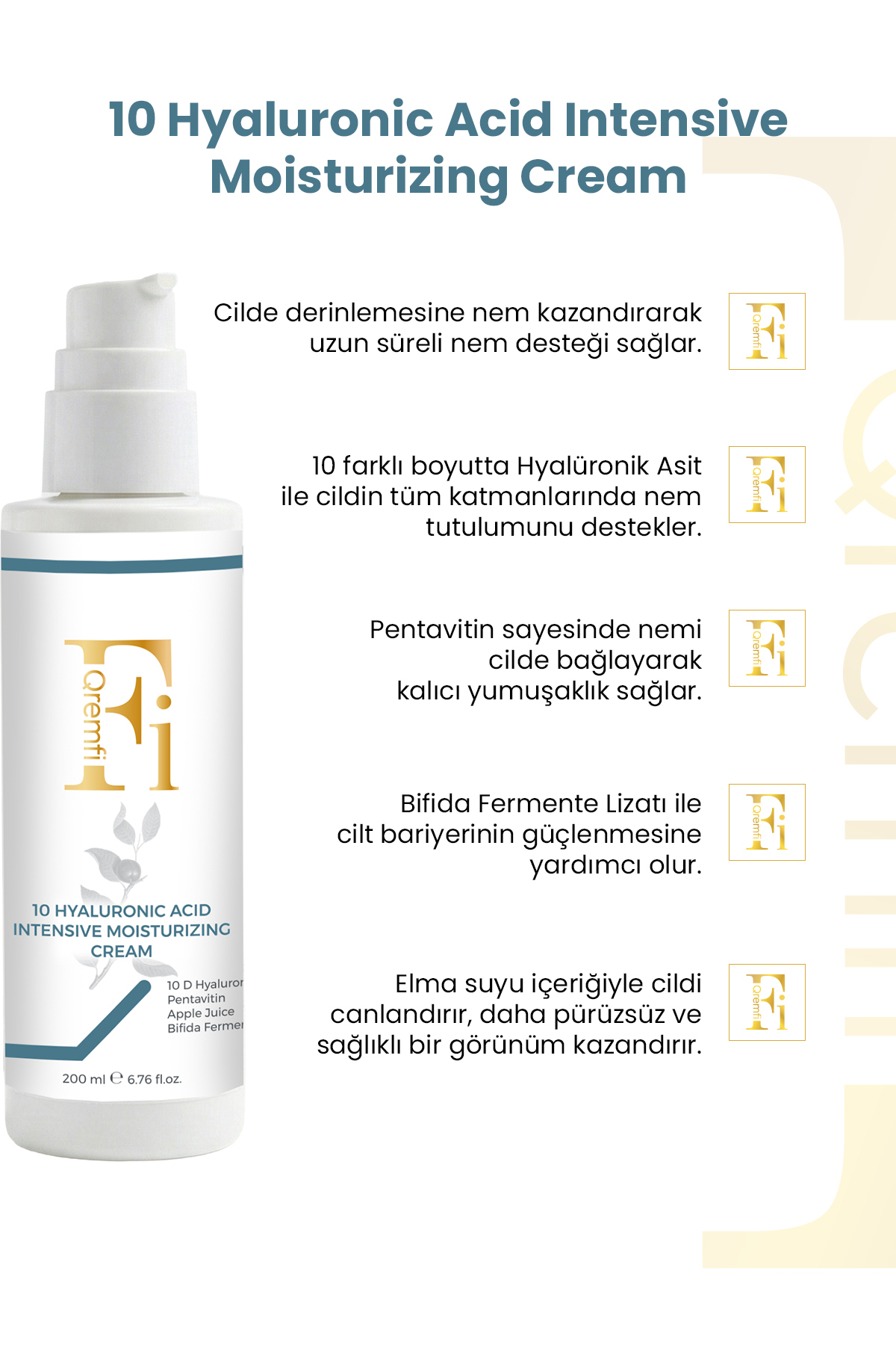 Qremfi 10 Farklı Hyalüronik Asit ve Biobifida Fermenti İçeren Yoğun Nemlendirici Krem 200 ml - Görsel 2