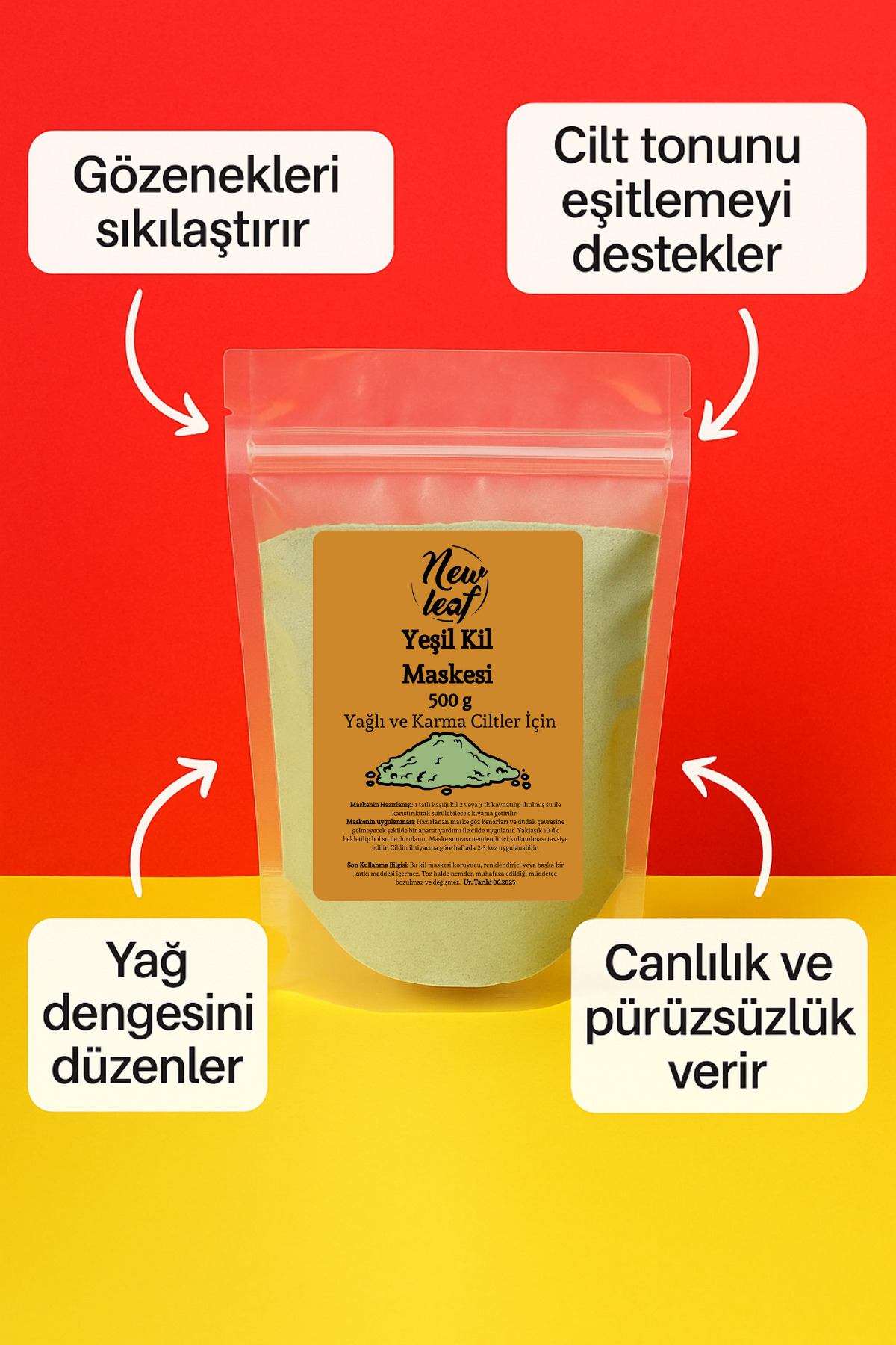Newleaf Yağlı Ve Karma Ciltler Için Arındırıcı Yeşil Kil Yüz Maskesi 500 G - Görsel 2