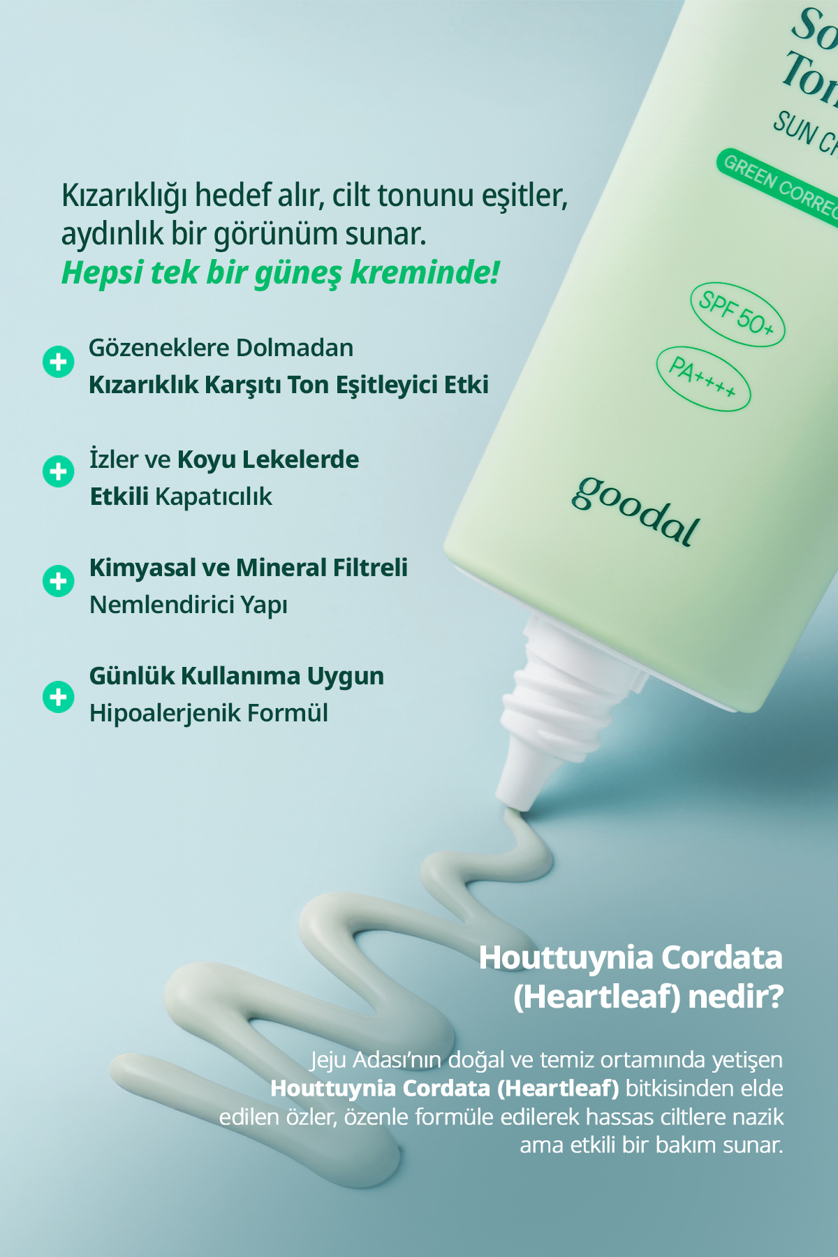 Goodal Kızarıklık Karşıtı Güneş Kremi Heartleaf Soothing Green Tone Up Sun Cream SPF50+ PA++++ - Görsel 2