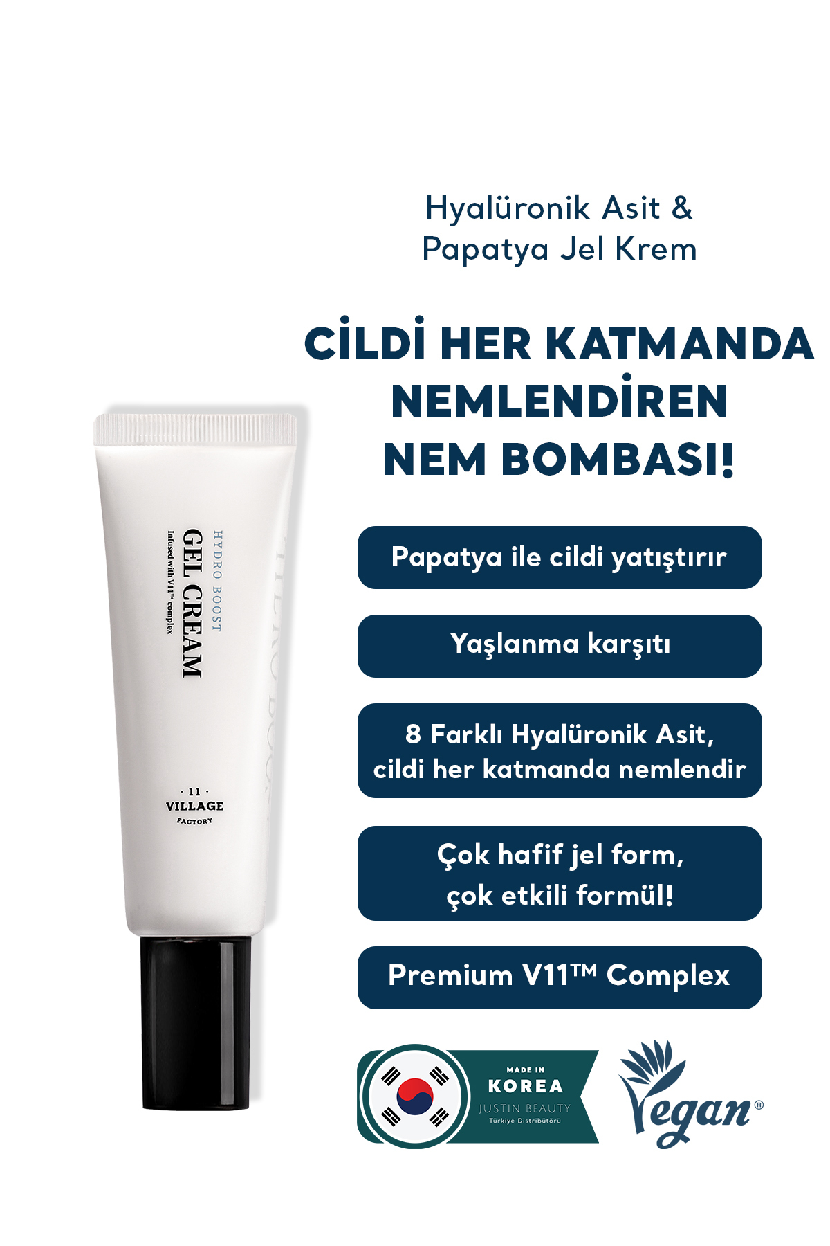 Village 11 Factory Hydro Boost Gel Cream - Vegan Nem Bombası 8 Farklı Hyalüronik Asitli Nemlendirici Jel Krem 50ml