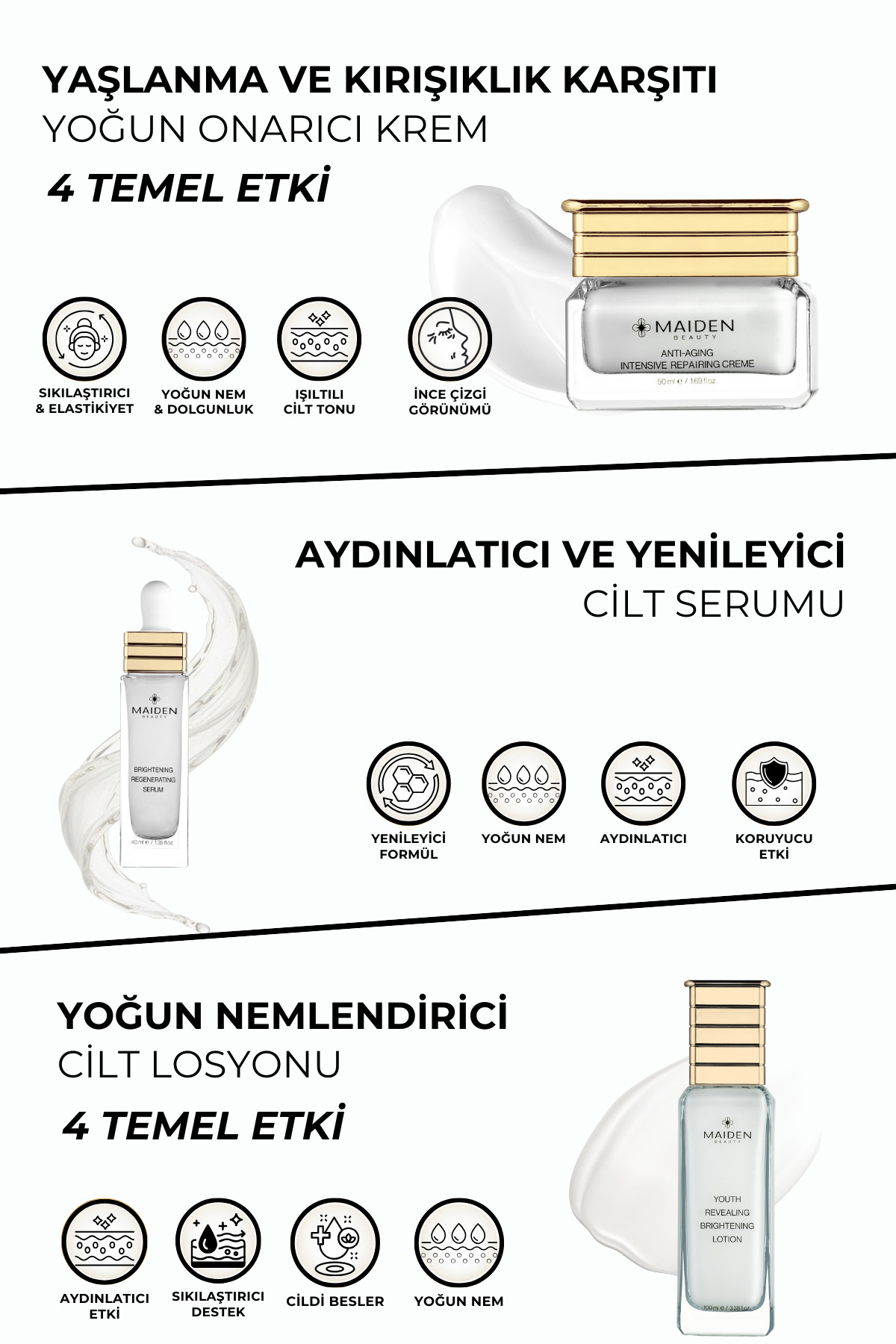 Maiden Beauty Cilt Bakım Rutini Özel Set, Yaşlanma Karşıtı Yoğun Onarıcı Krem,Yenileyici Serum&Nemlendirici Losyon - Görsel 3