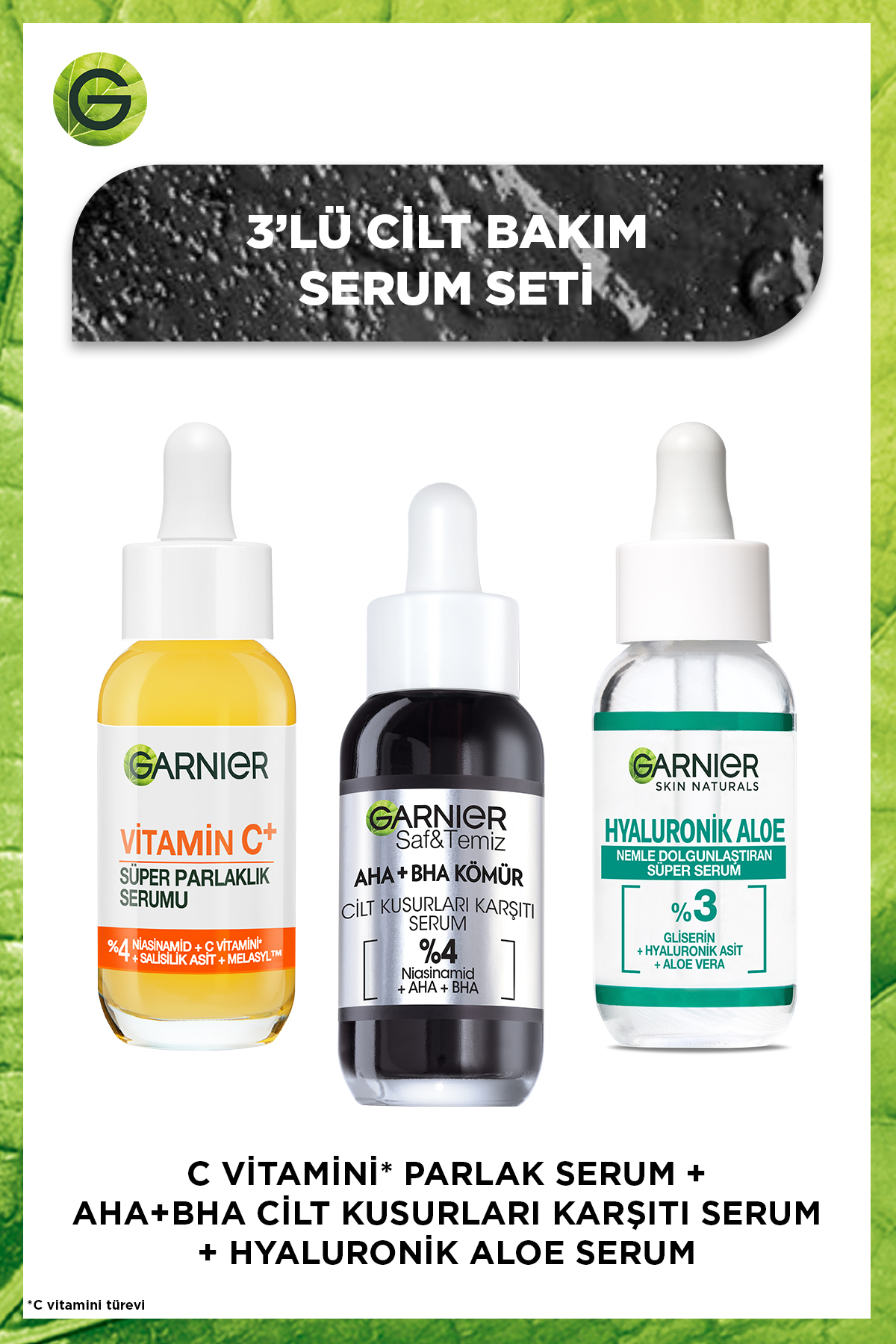 Garnier C Vitamini Aydınlatıcı + AHA BHA Cilt Kusurları Karşıtı + Hyaluronik Aloe 3'lü Serum Seti
