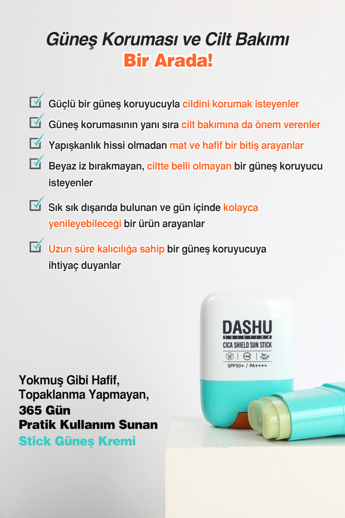 Dashu Cica İçerikli, Pratik, Stick Güneş Koruyucu Solution Cica Shield Sun Stick SPF 50+ PA++++ - Görsel 2