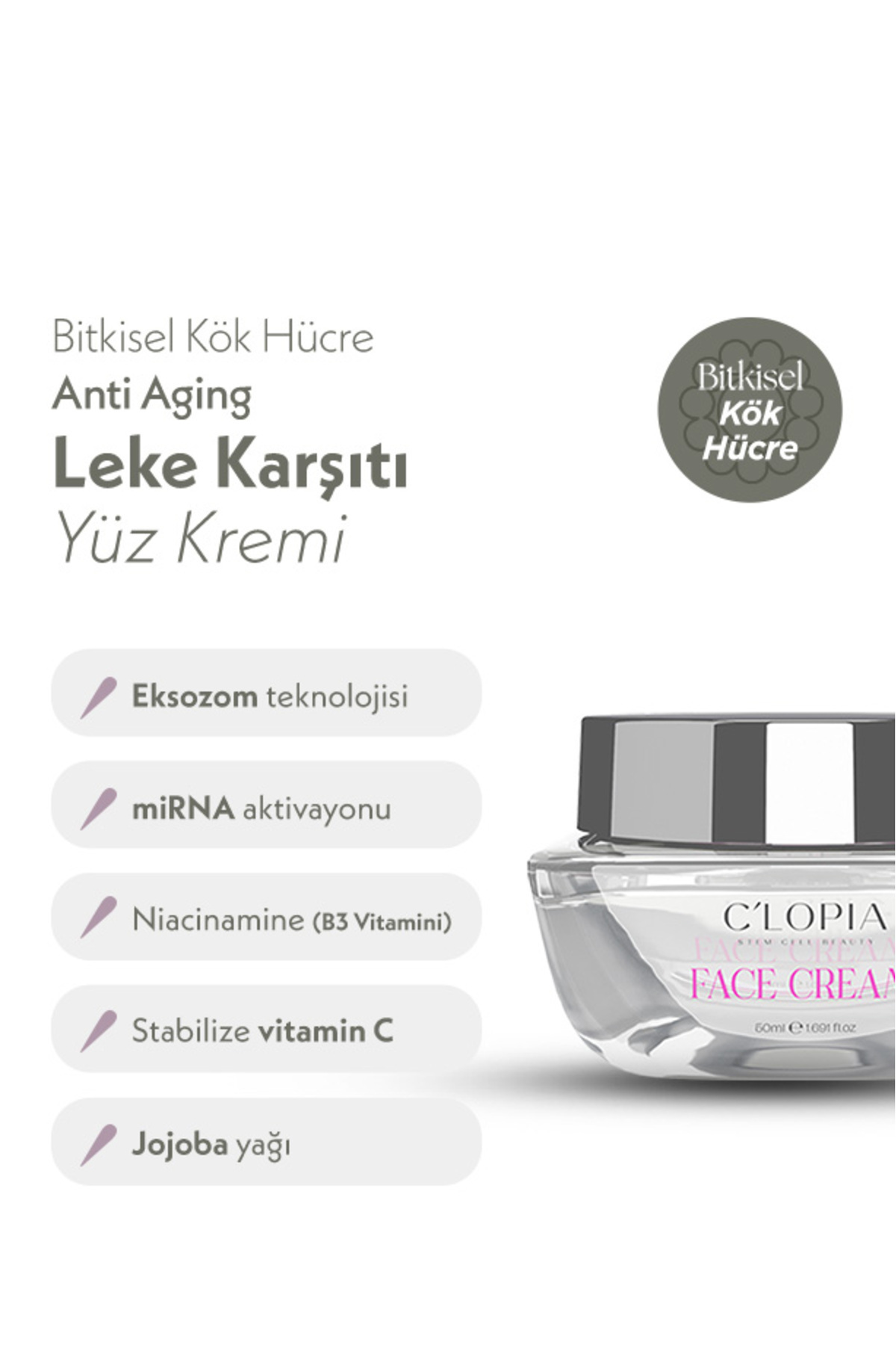 C'LOPIA BEAUTY Leke ve Yaşlanma Karşıtı Bitkisel Kök Hücre Yüz Kremi, Hyaluronik Asit, Niacinamide, C-Vit, Kolajen - Görsel 2
