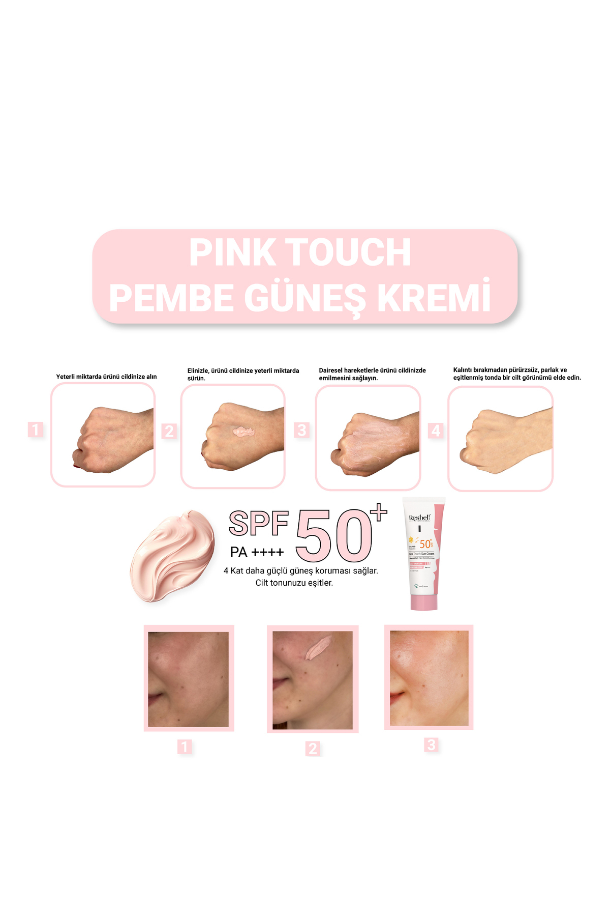 Reshell Pink Touch Ton Eşitleyici Pembe Yüz Güneş Kremi Spf 50 50ml - Görsel 2