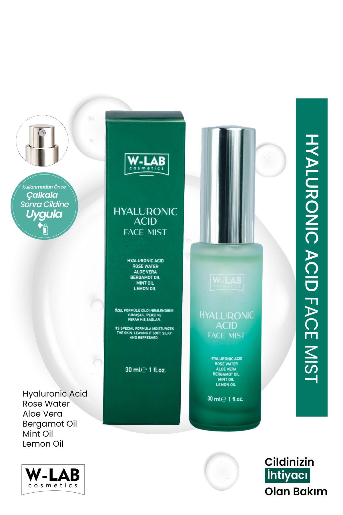 W-Lab Kozmetik Hyaluranic Acid Face Mist Yoğun Nemlendirici, Dolgunlaştırıcı ve Canlandırıcı Yüz Spreyi 30 Ml