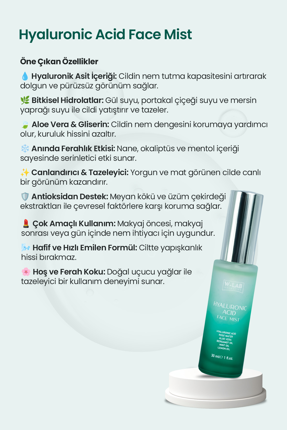 W-Lab Kozmetik Hyaluranic Acid Face Mist Yoğun Nemlendirici, Dolgunlaştırıcı ve Canlandırıcı Yüz Spreyi 30 Ml - Görsel 3
