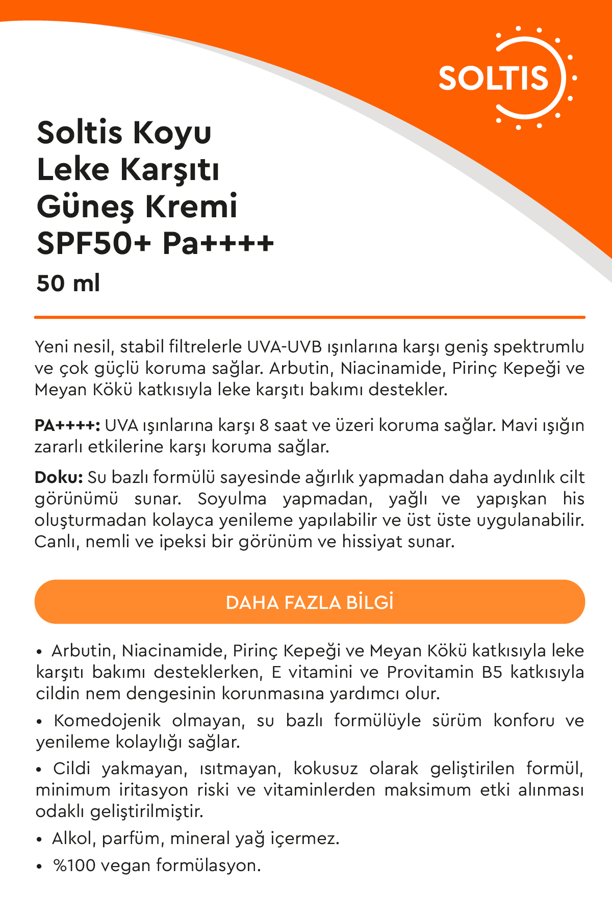 Soltis Koyu Leke Karşıtı Ve Yüksek Korumalı Güneş Kremi SPF 50+ Pa++++ , 50 ml - Görsel 3