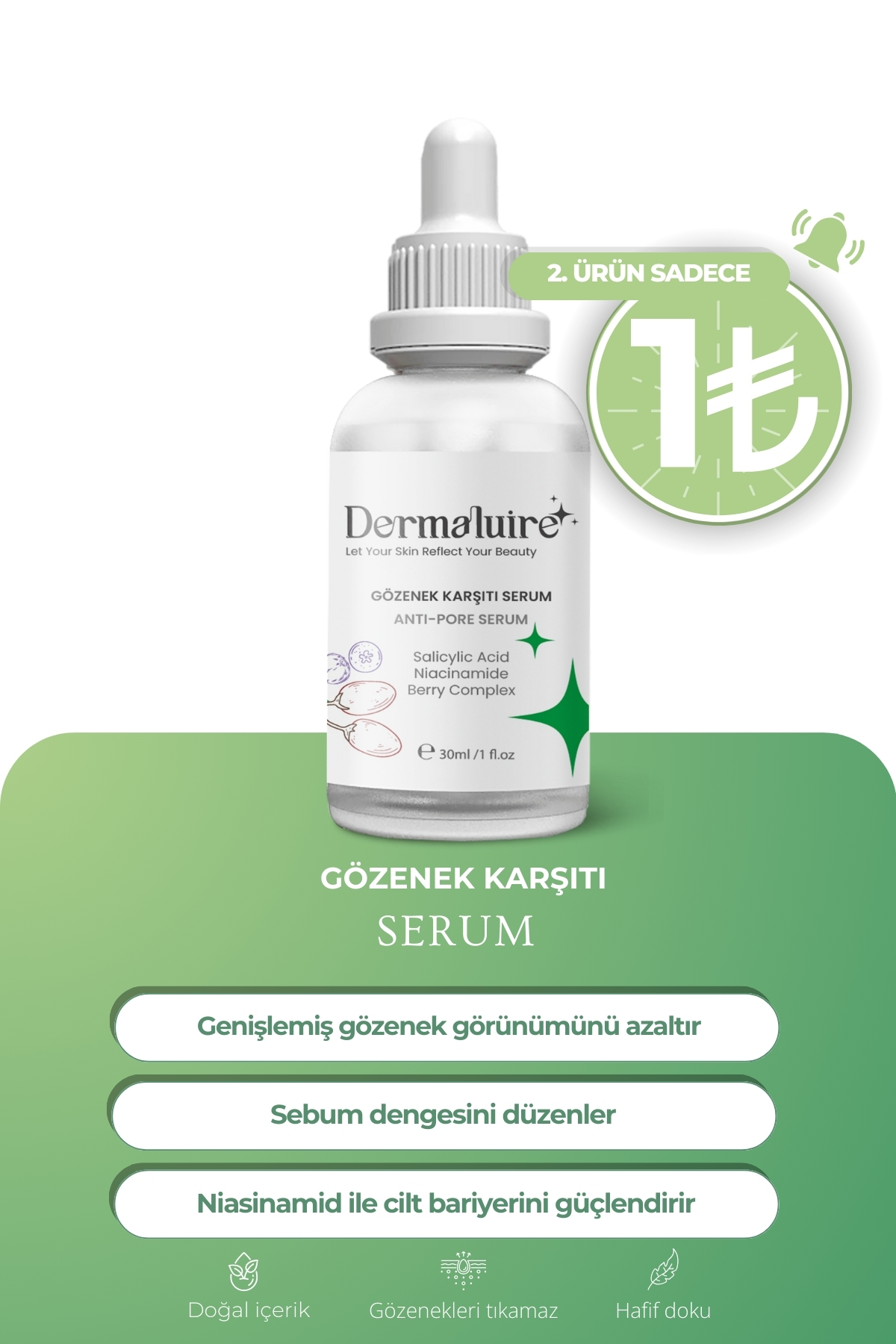 Dermaluire Siyah Nokta Ve Sivilce Karşıtı, Gözenek Sıkılaştırıcı Serum ( Salicylic Acid, Niacinamide ) - 30ml