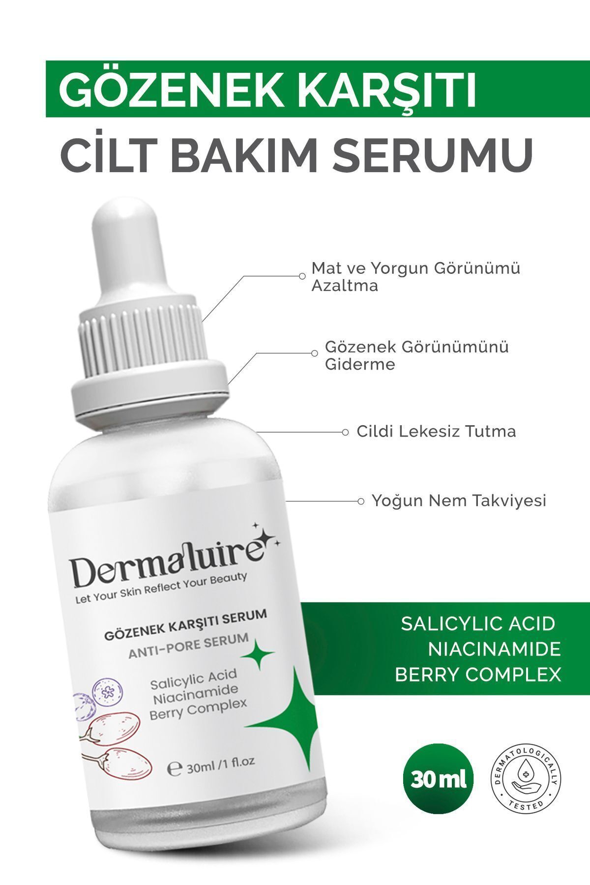 Dermaluire Siyah Nokta Ve Sivilce Karşıtı, Gözenek Sıkılaştırıcı Serum ( Salicylic Acid, Niacinamide ) - 30ml - Görsel 3