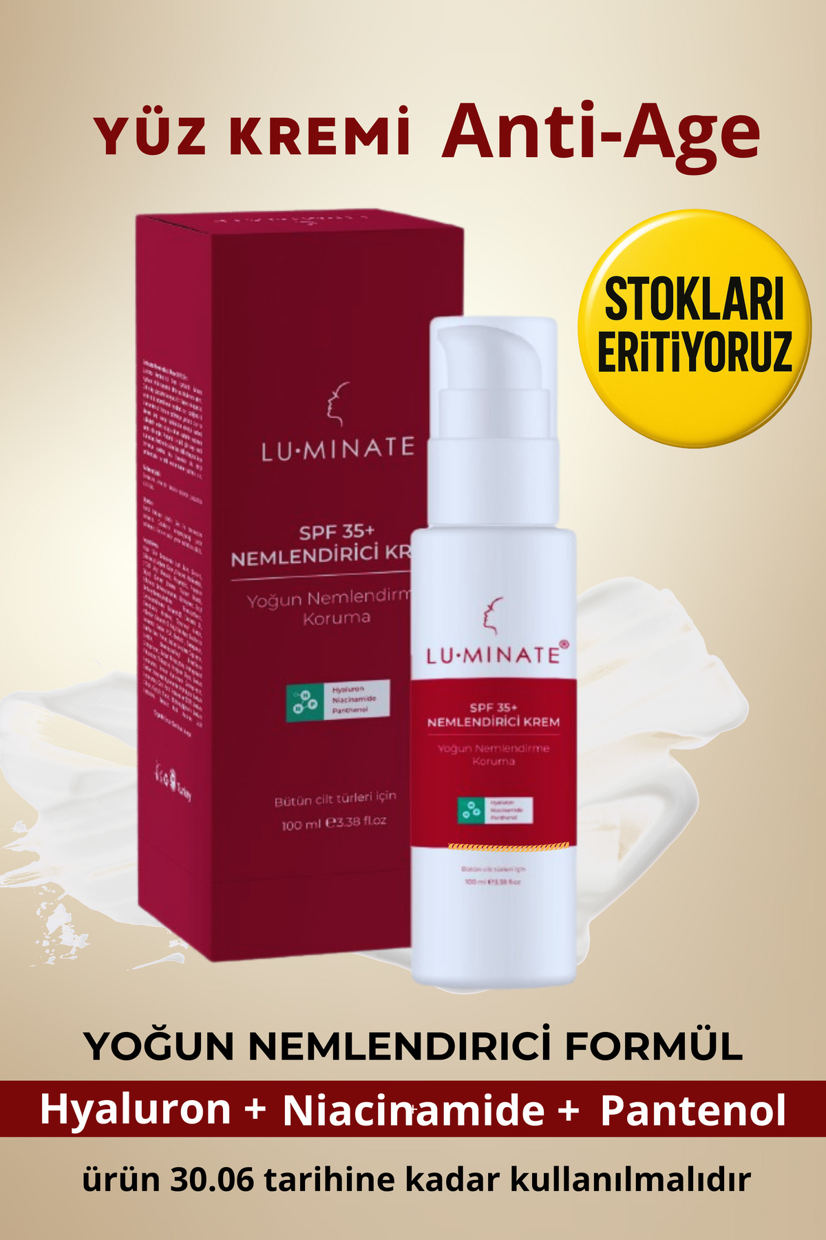 Luminate Yüz Kremi Yoğun Nemlendirici Niasinamid Cilt Tonu Eşitleyici Su Bazlı Makyaj bazı Spf 35