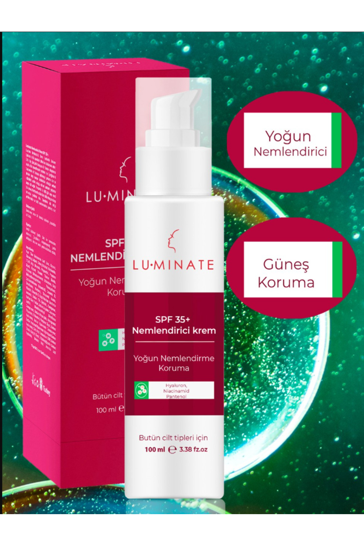 Luminate Yüz Kremi Yoğun Nemlendirici Niasinamid Cilt Tonu Eşitleyici Su Bazlı Makyaj bazı Spf 35 - Görsel 2