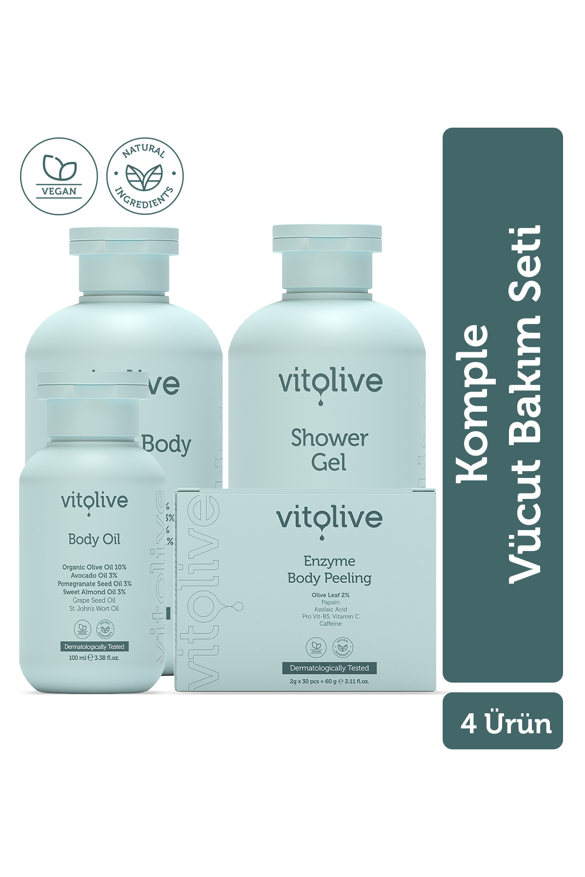 Vitolive Komple Vücut Bakım Seti - Pürüzsüzleştirici Nemlendirici Canlı Cilt Görünümü Vegan (4'lü Set)