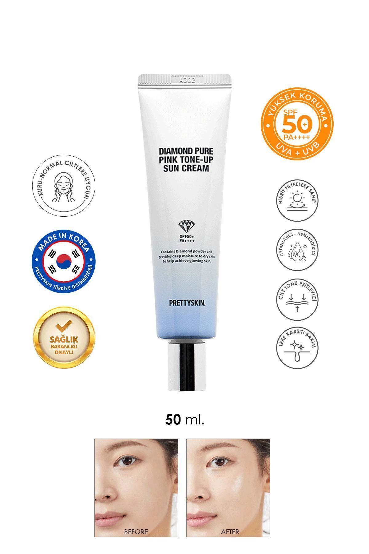 PRETTYSKIN Pembe Işıltılı Renk Tonlayıcı Yüksek Koruma Spf 50 Pa Renkli Güneş Kremi 50ml