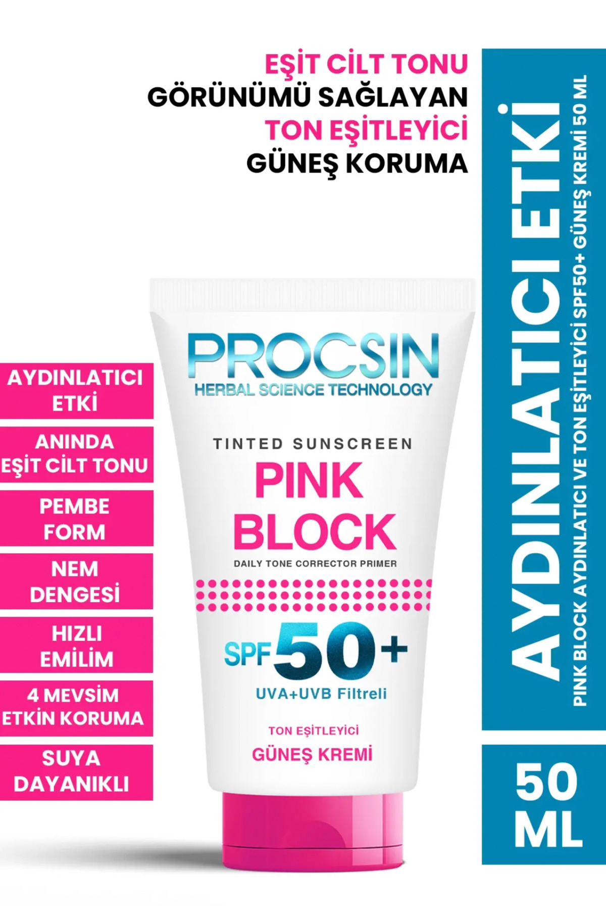 PROCSIN Pink Block Aydınlatıcı Ve Ton Eşitleyici Spf50 Güneş Kremi 50 ml
