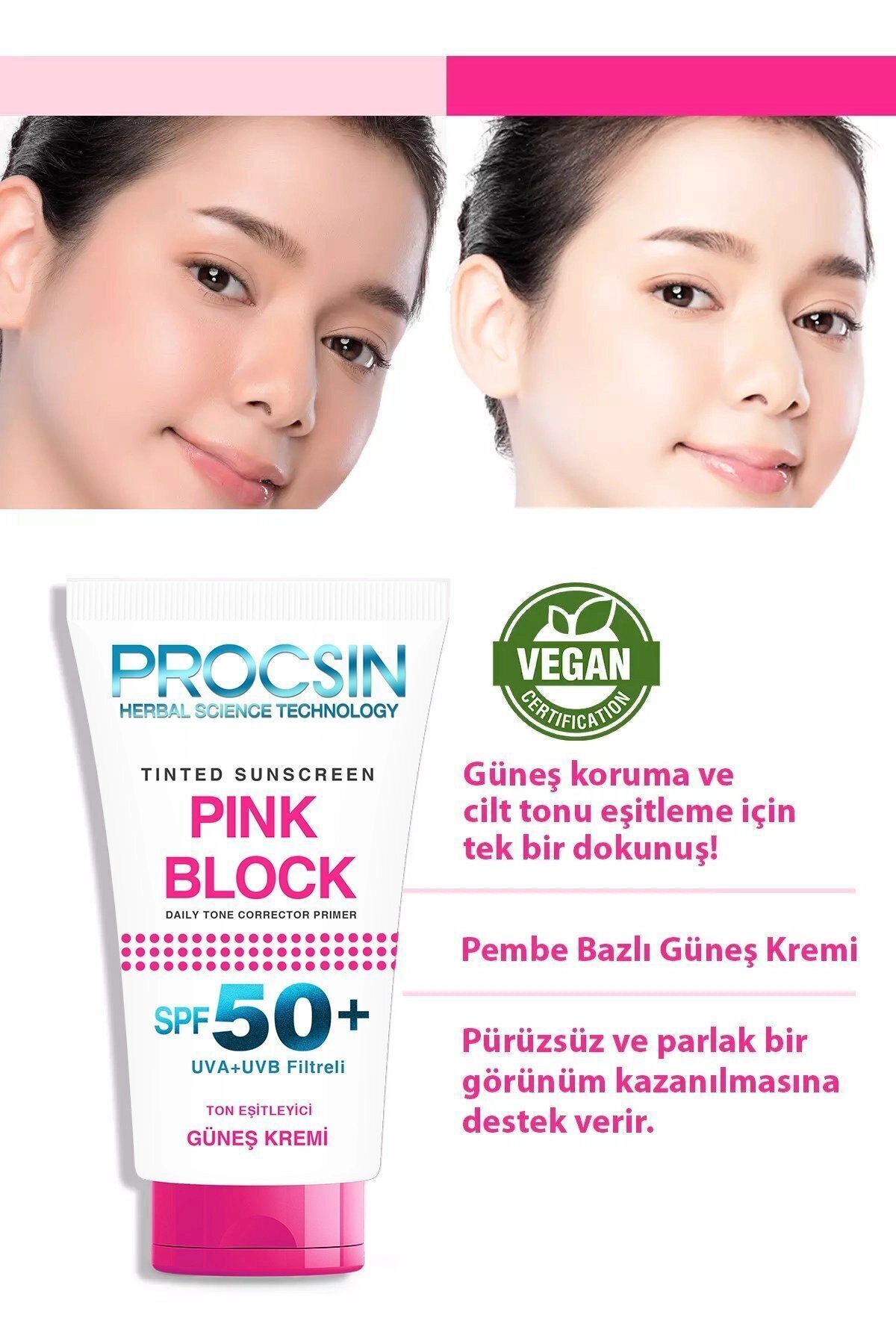 PROCSIN Pink Block Aydınlatıcı Ve Ton Eşitleyici Spf50 Güneş Kremi 50 ml - Görsel 2