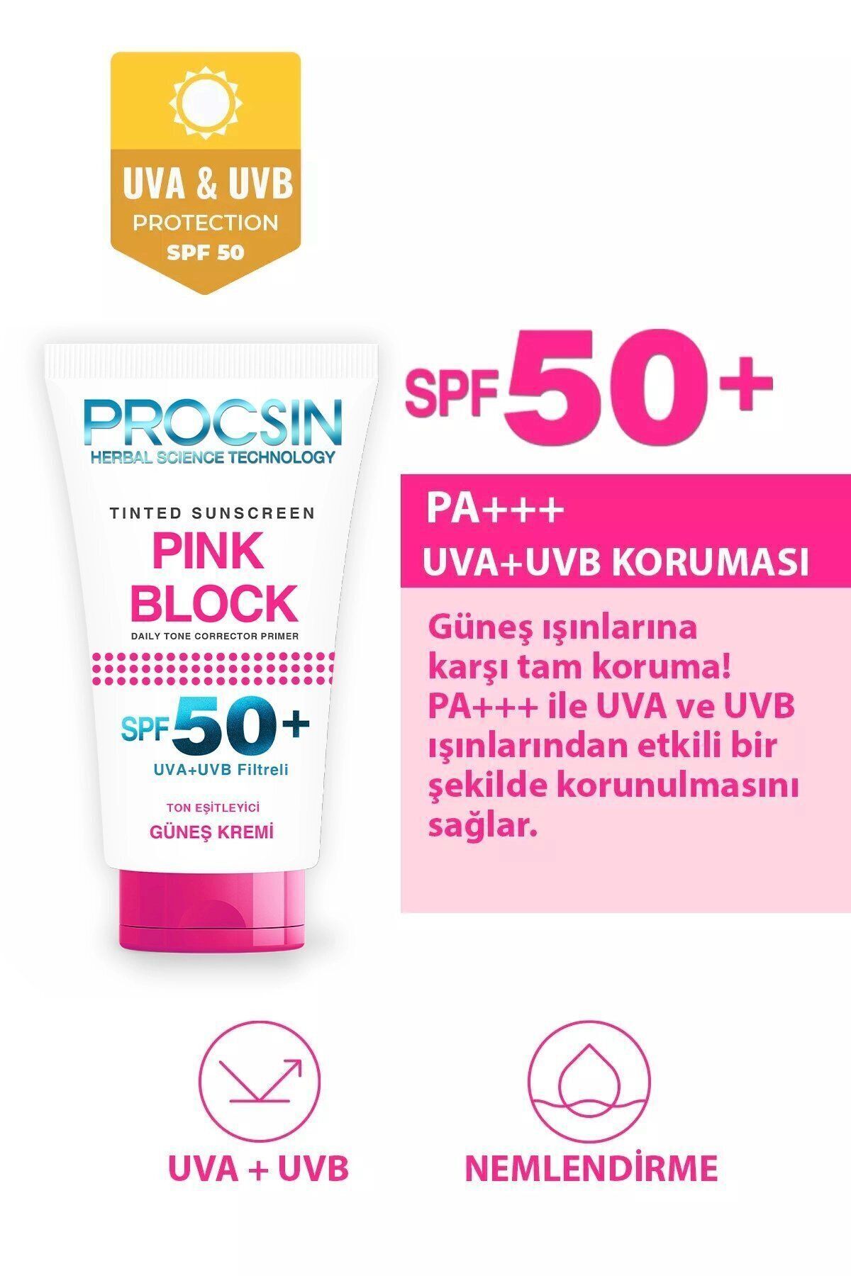 PROCSIN Pink Block Aydınlatıcı Ve Ton Eşitleyici Spf50 Güneş Kremi 50 ml - Görsel 3