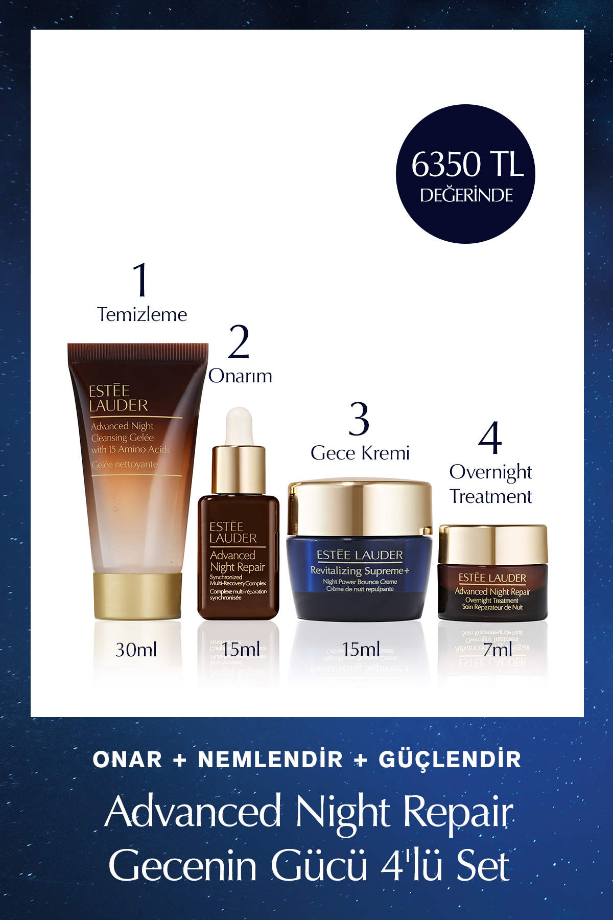 Estee Lauder Gecenin Gücü 4'lü Set - Temizleme 30ml+ Onarıcı Serum 15ml+ Gece Kremi 15ml+Overnight Treatment 7ml