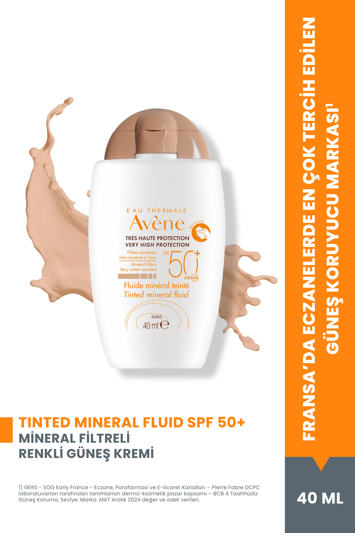 Avene Mineral Fluid SPF 50+ Hassas Ciltler için Ultra Hafif Renkli Güneş Kremi 40 ml