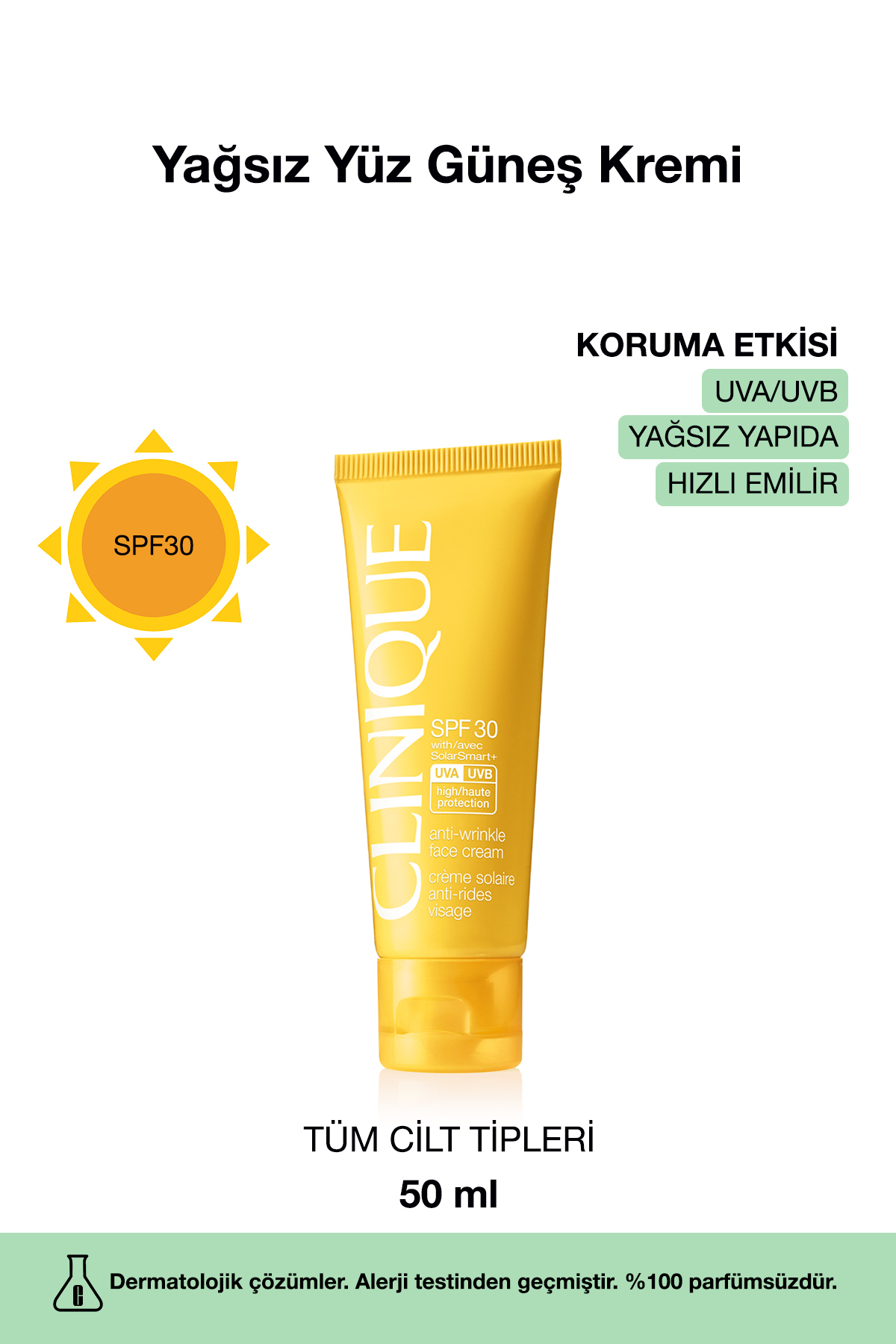 Clinique Yağsız Yüz Güneş Kremi 50ml - SPF30 | UVA/UVB Koruma, Kırışıklık Karşıtı