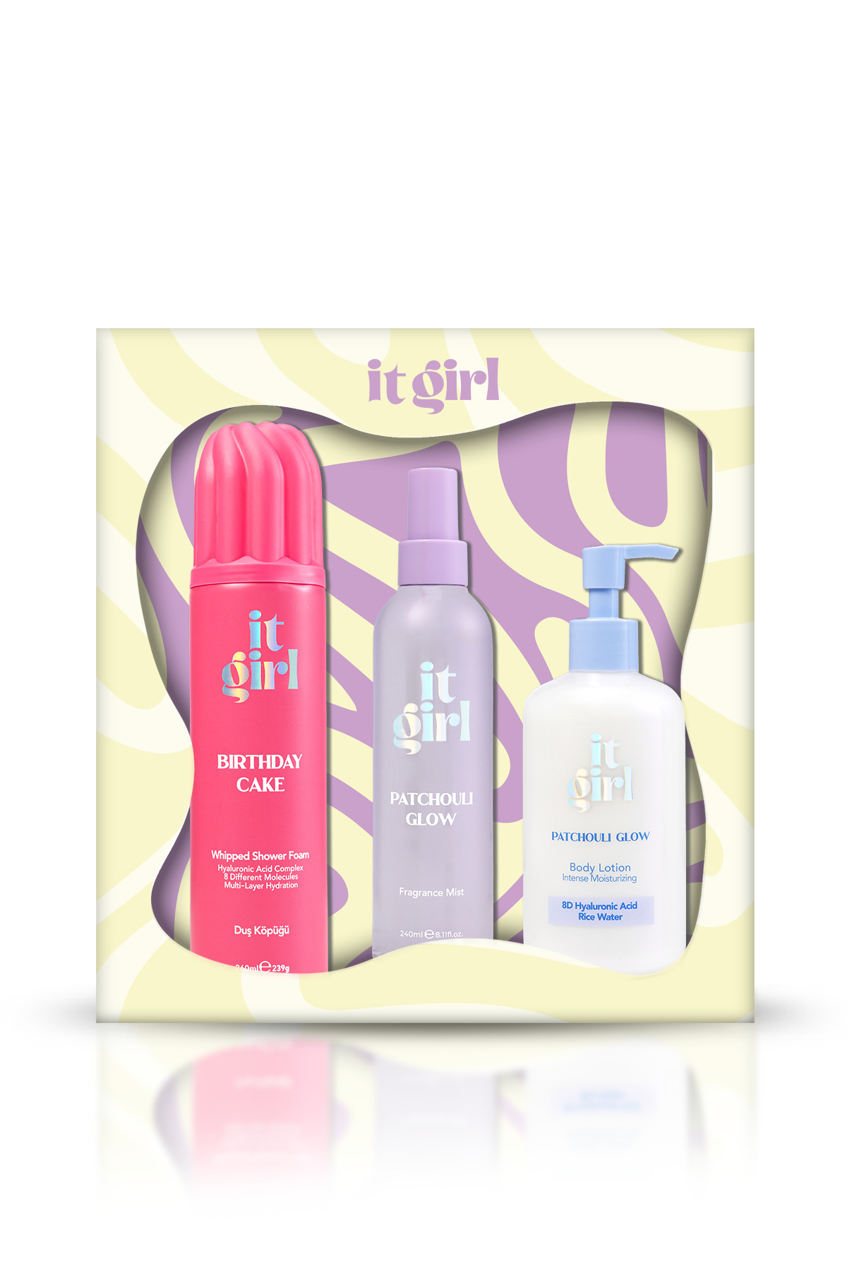 It Girl 3'lü Hediye Seti Duş Köpüğü,Body Mist, Vücut Losyonu,BirthdayCake-PatchouliGlow