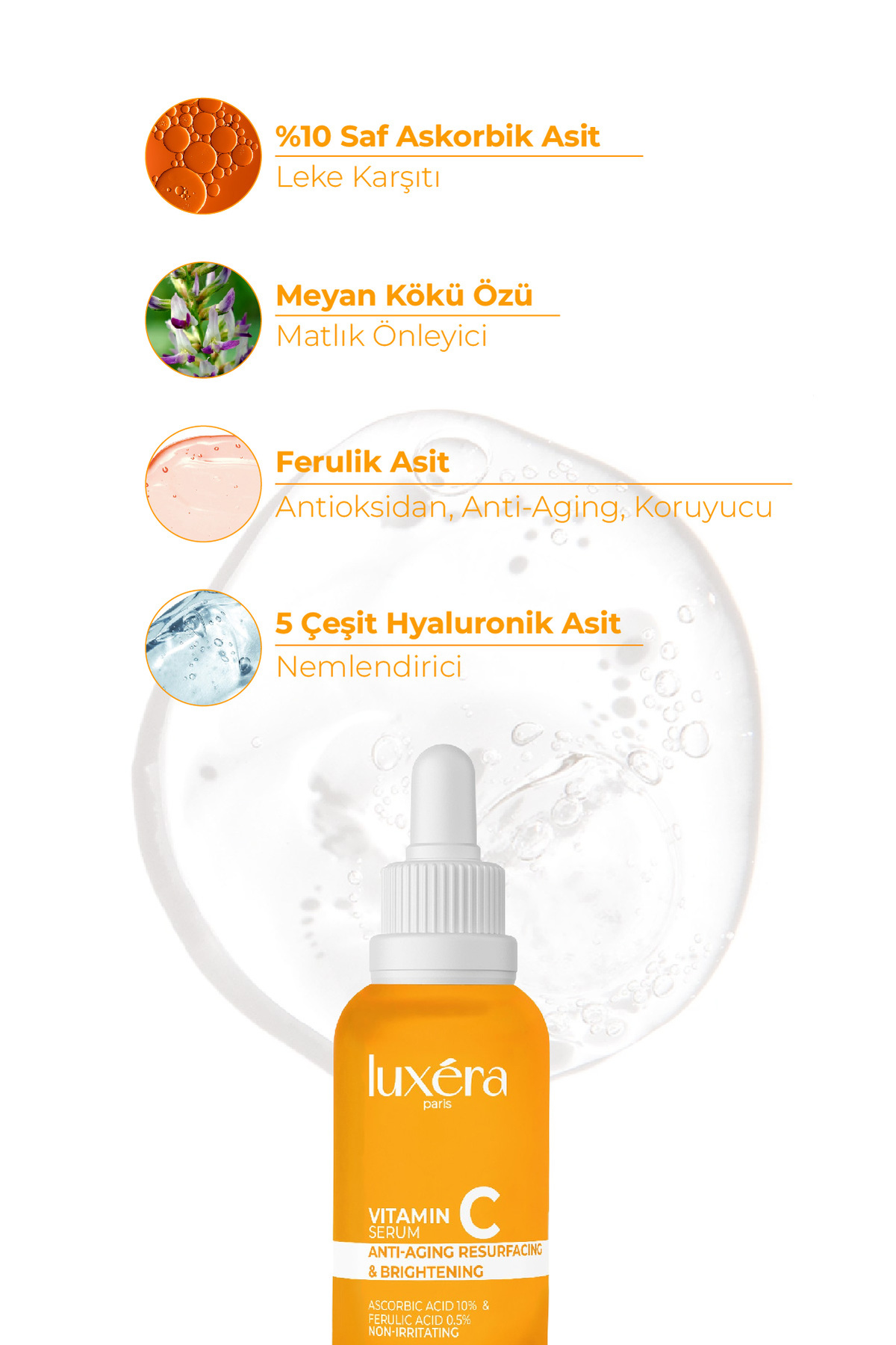 luxera paris Leke Karşıtı, Aydınlatıcı, Vegan, C Vitamini Serum ( %10 Ascorbic Acid Ferulic Acid) 30 ml - Görsel 3