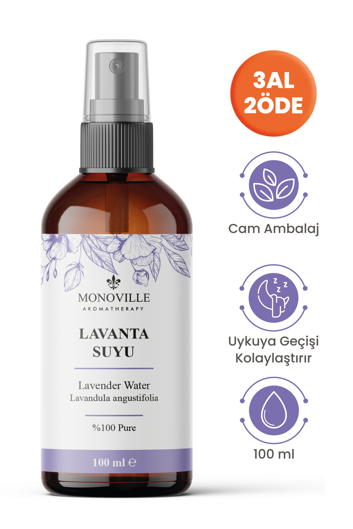 Monoville Lavanta Suyu 100 ml Cam Şişe %100 Doğal Sprey Başlıklı (Lavender Water)