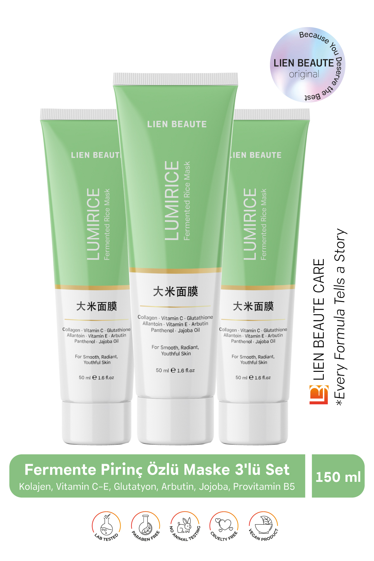 Lien Beaute Lumirice Fermente Pirinç Özlü Yüz Vücut Maskesi Kolajen, Arbutin, Vitamin C & E, Jojoba 3'lü Paket