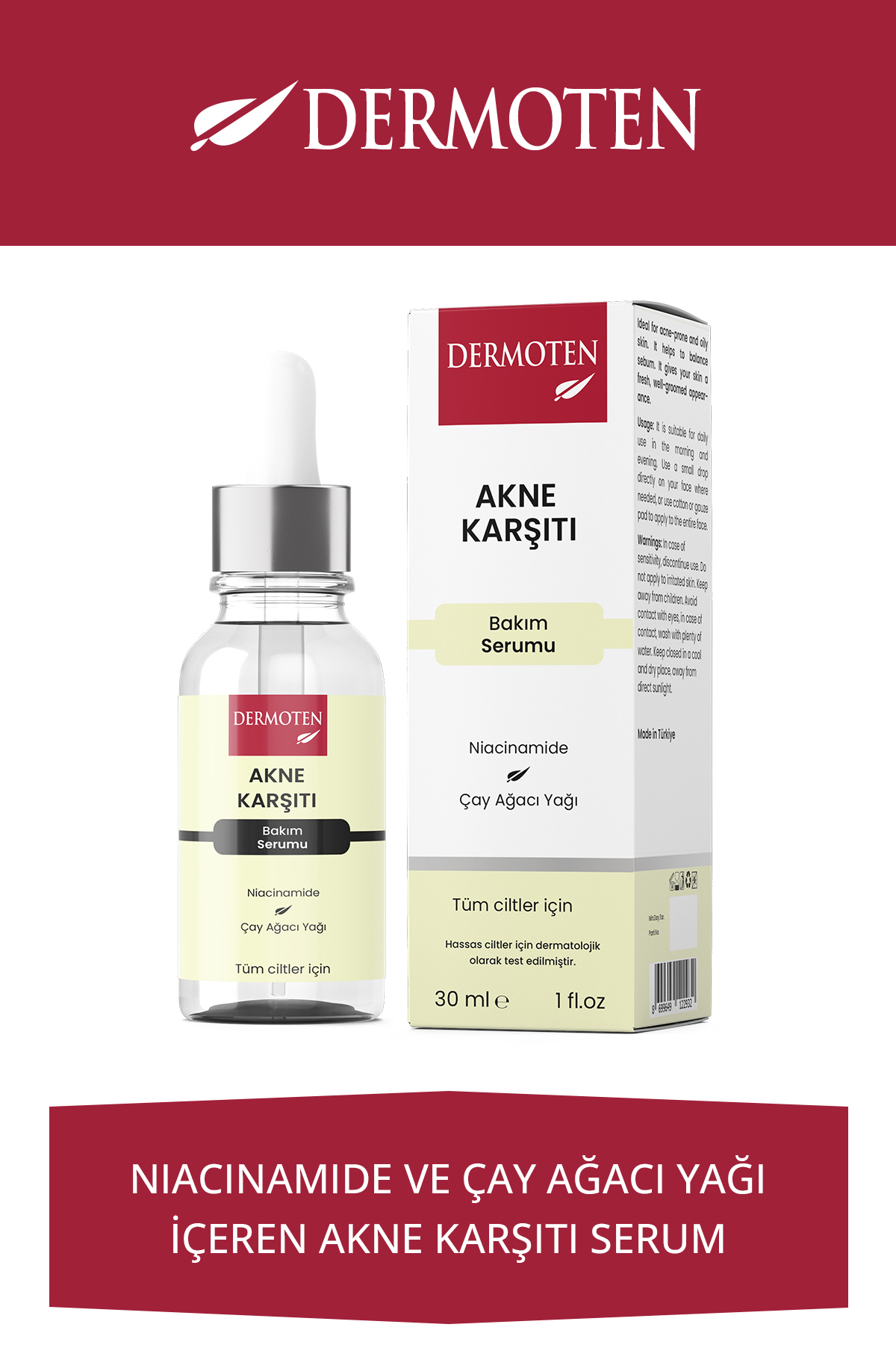 Dermoten Akne Karşıtı Serum, Niacinamide Ve Çay Ağacı Yağlı Cilt Bakım Serumu 30 ml