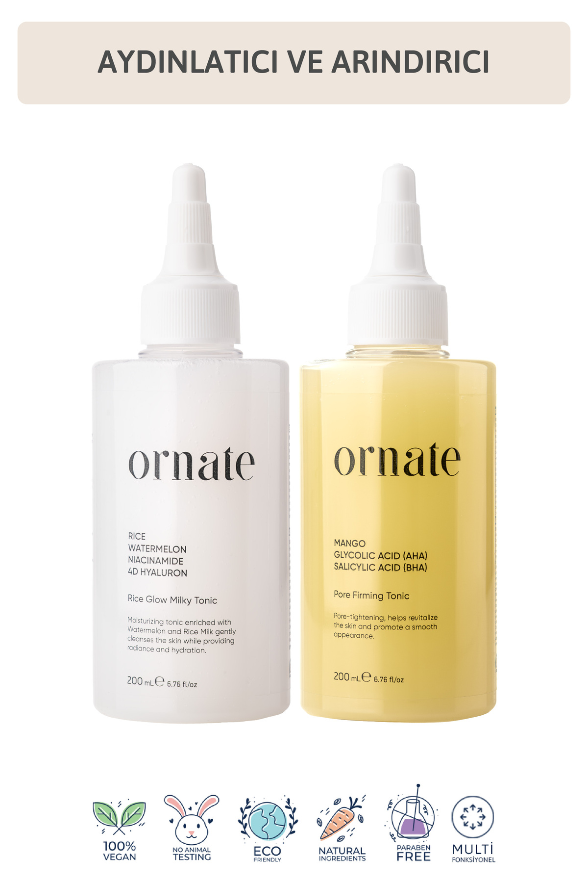 ORNATE AHA BHA ve Niyasinamit içeren Gözenek Sıkılaştırıcı, Aydınlatıcı ve Nemlendirici 2'li Tonik Seti