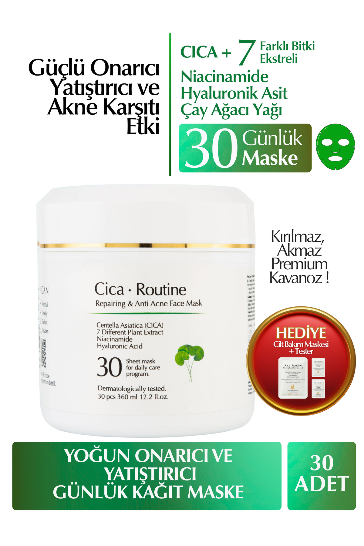 Heraflora Cica Routine Onarıcı, Yatıştırıcı, Kızarıklık ve Akne Karşıtı Günlük 30'lu Kağıt Maske