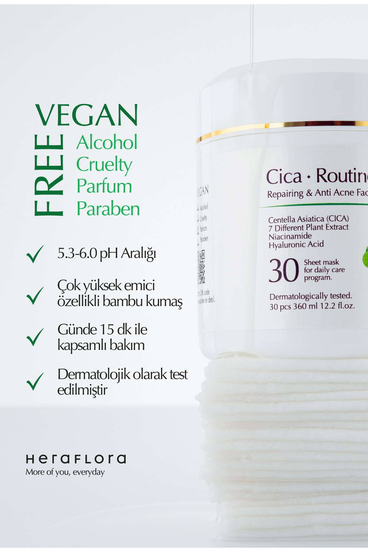 Heraflora Cica Routine Onarıcı, Yatıştırıcı, Kızarıklık ve Akne Karşıtı Günlük 30'lu Kağıt Maske - Görsel 3