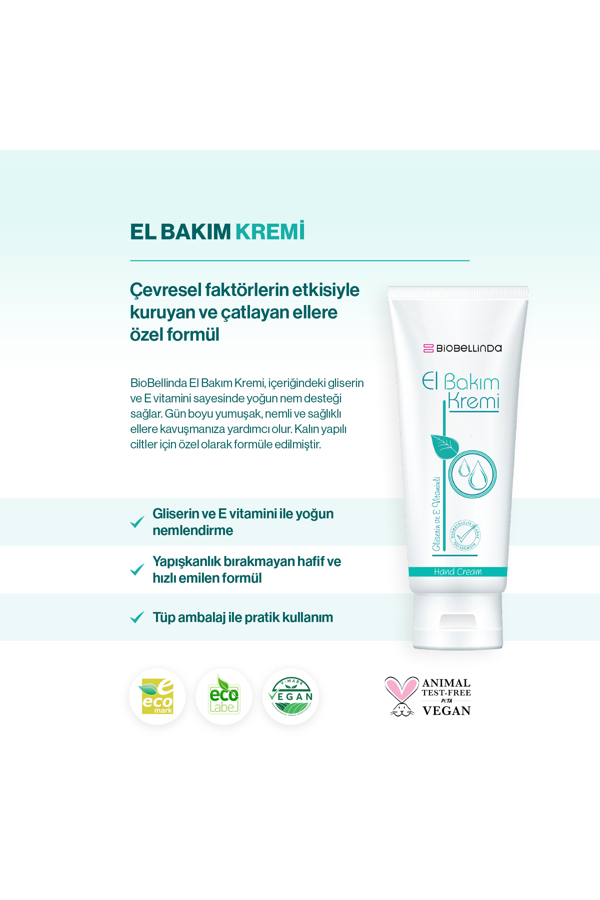 BioBellinda Doğal Nemlendirici El Bakım Kremi (Gliserinli & E Vitaminli) 75 ml - Görsel 2