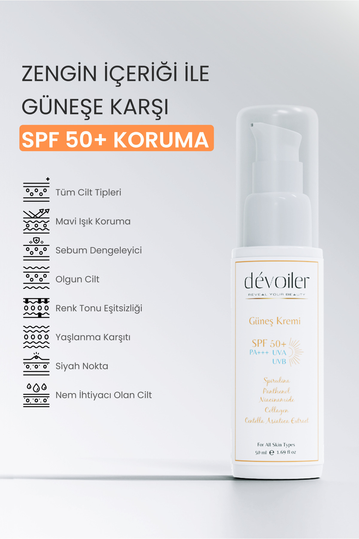 Devoiler Güneş Kremi Spf50 Yaşlanma Karşıtı Gözenek Sıkılaştırıcı Cilt Tonu Eşitleyici Renksiz - Görsel 2