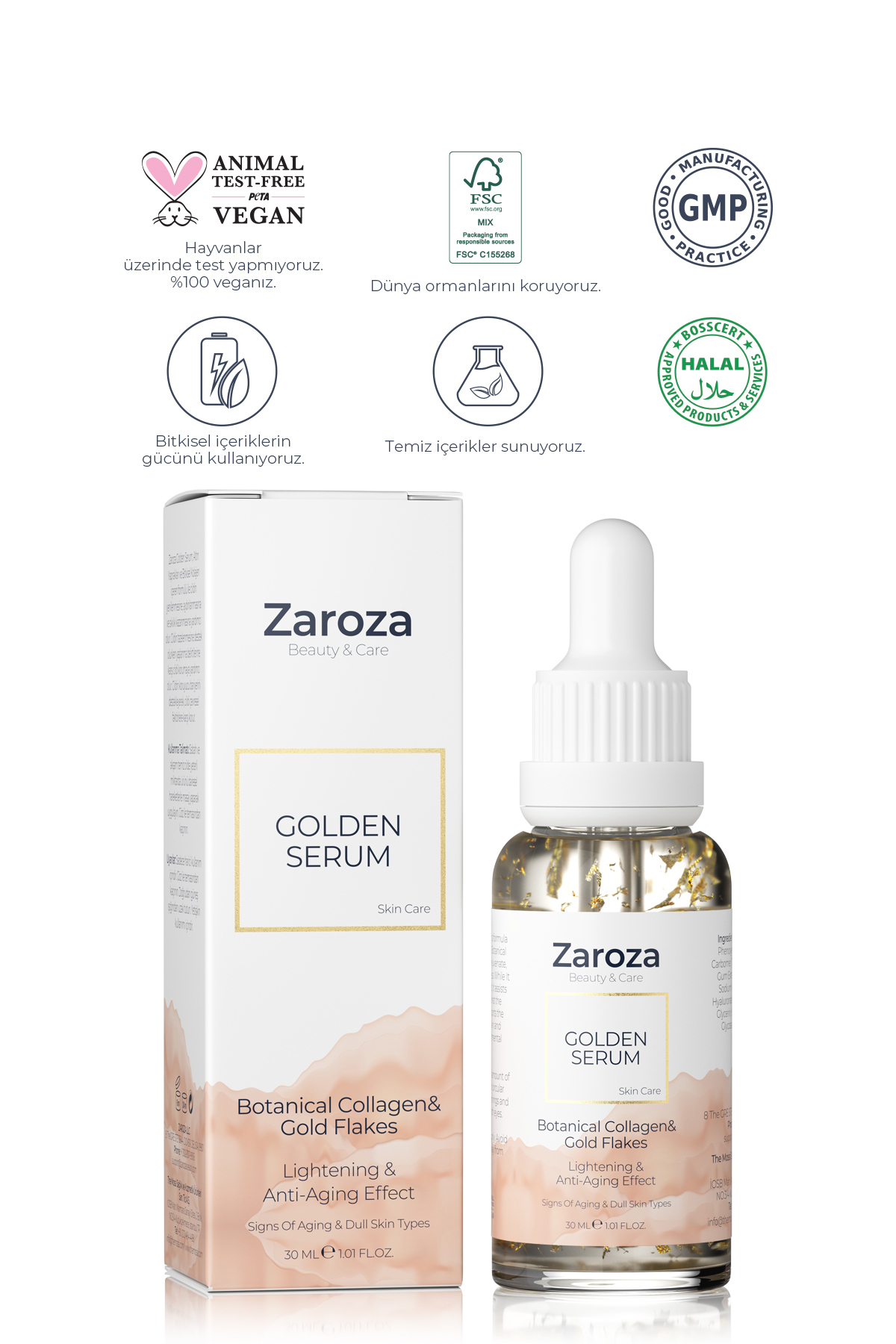 ZAROZA Altın Serum - 24 Ayar - Yaşlanma Karşıtı (24K ALTIN YAPRAKLI SERUM) - 30 ml - Görsel 2
